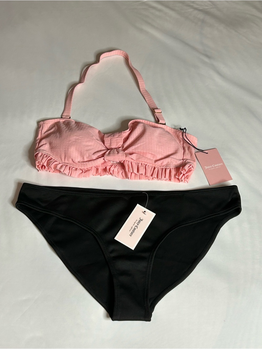 NWT Juicy Couture Pink Ruffle Bikini Top & Black Bikini Bottom Set Size XL 👙